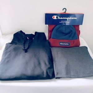 Champion Gray, black, red, blue Pants, sweatshirt, hat & scarf bundle. One size